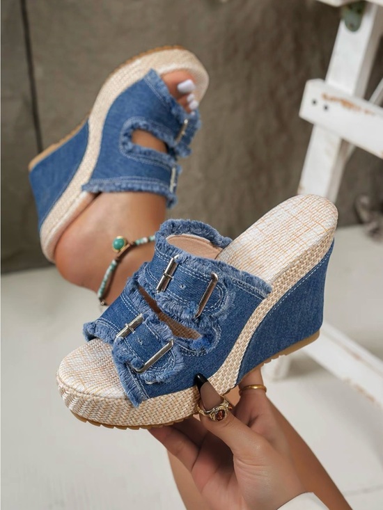 The Real Clean Company Shoes - Chic Bohemian Denim Blue Wedge Summer Sandals with Buckle Straps New Boutique